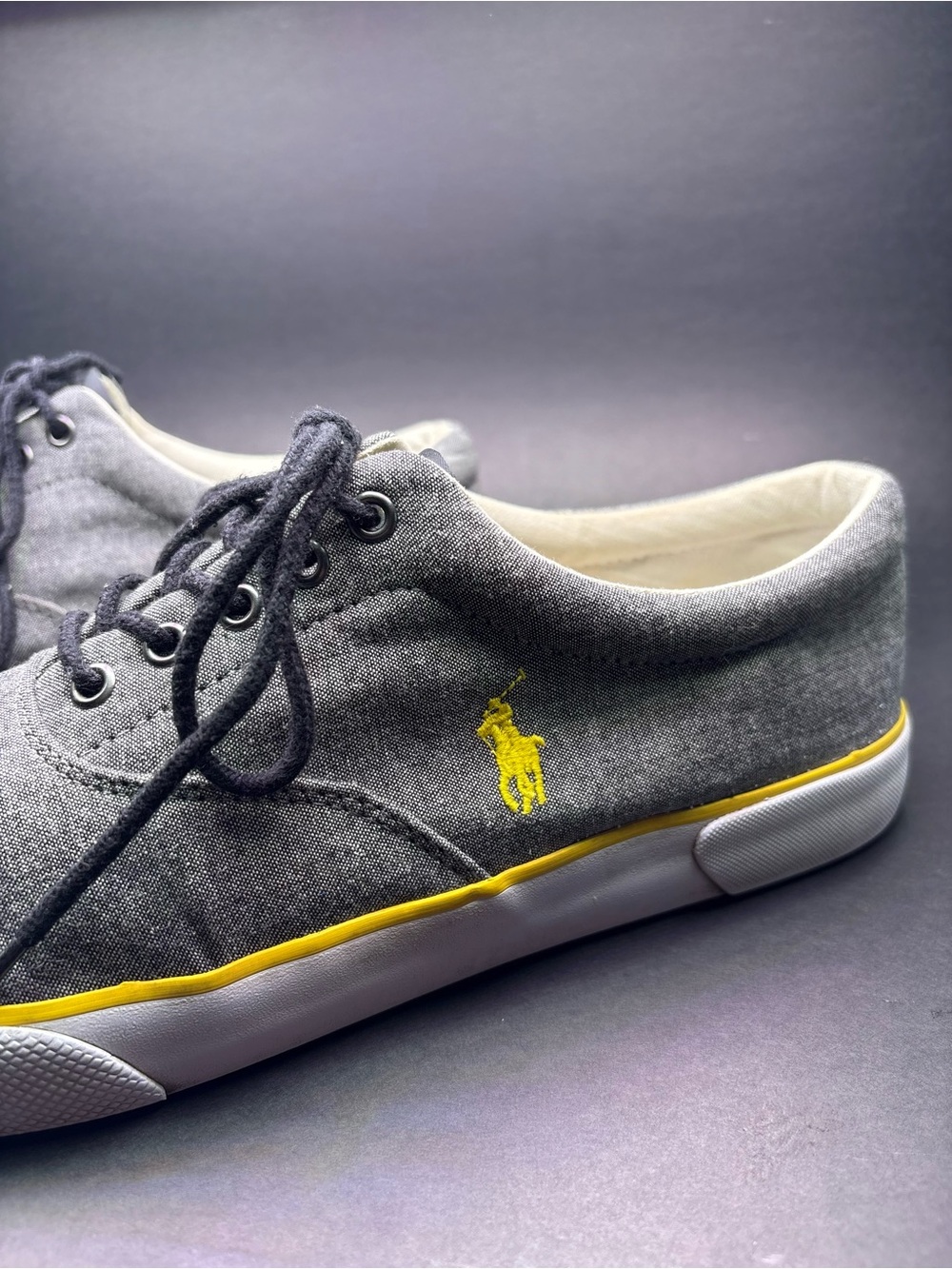 Polo Ralph Lauren Grey Canvas Sneakers Men’s 11.5 D Yellow Logo Casual Shoes